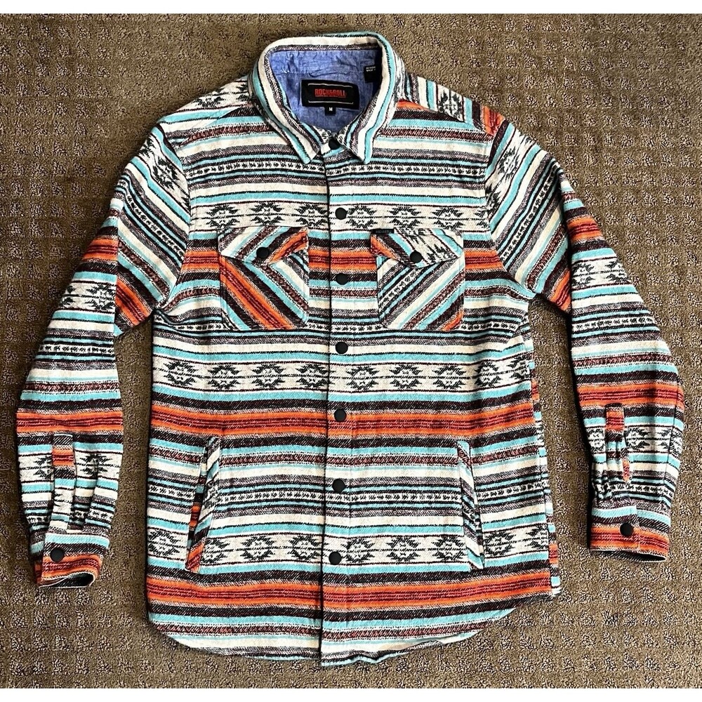 Rock & Roll Shirt Mens Size Medium Multicolor Western Flannel Snap Shacket